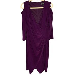 NWT Studio Badgley Mischka Eggplant Purple Medium Ruched Cold Shoulder Dress